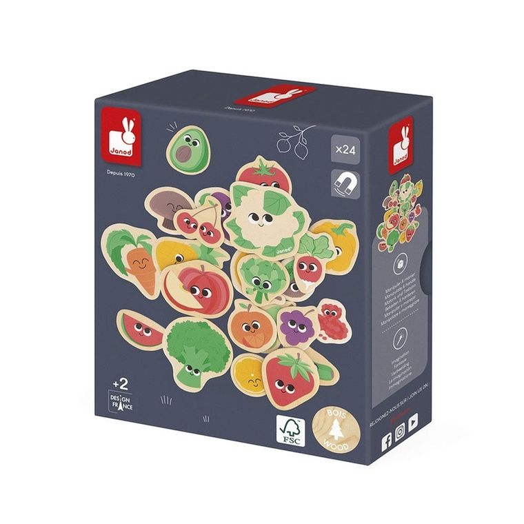 Janod, magnesy drewniane, owoce i warzywa, 24 szt.
