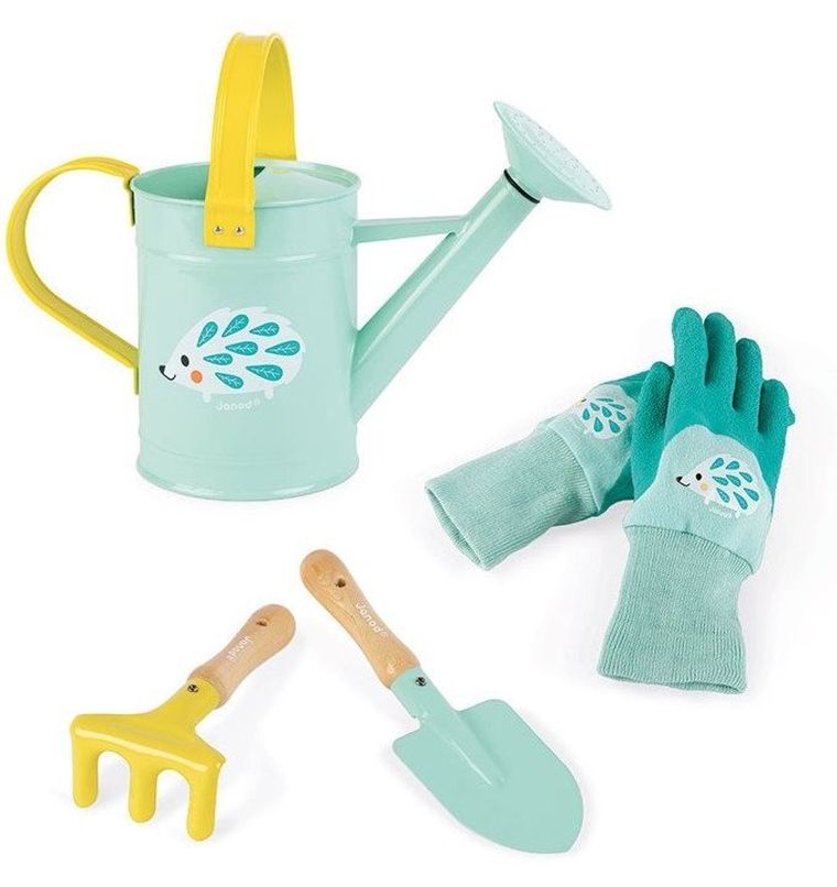 Janod, Mały ogrodnik, zestaw narzędzi ogrodowych z konewką, niebieski