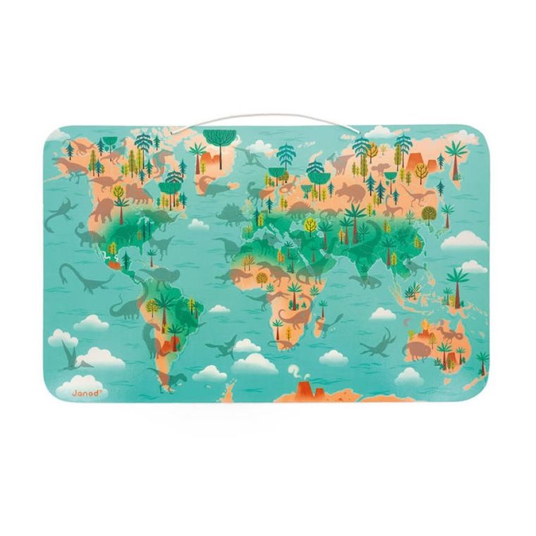 Janod, mapa świata, drewniana układanka magnetyczna, dinozaury, 50 magnesów