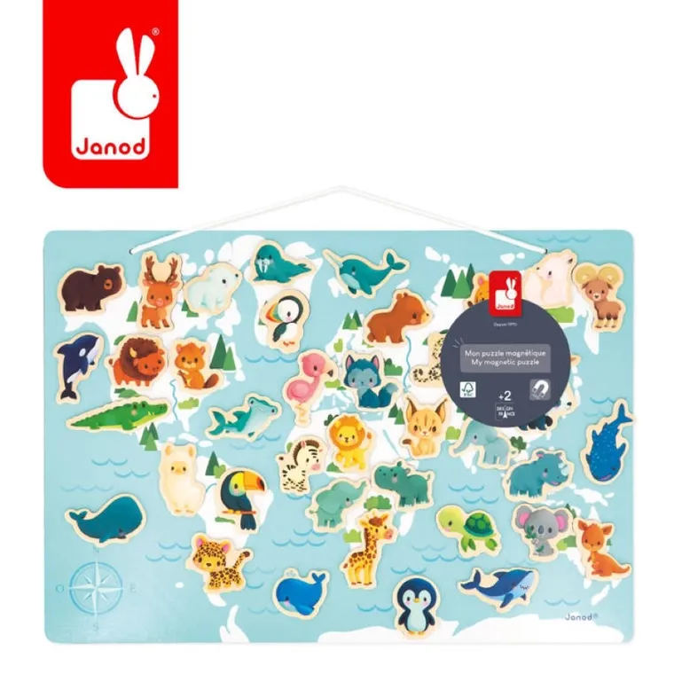 Janod, mapa świata, drewniana układanka magnetyczna, małe zwierzątka, 40 magnesów