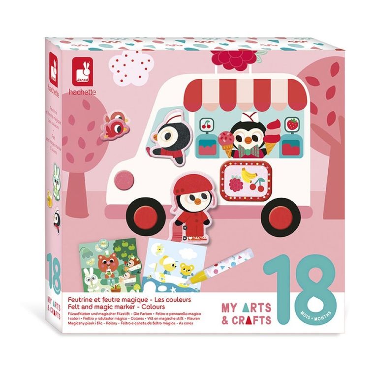 Janod, My arts & crafts, zestaw kreatywny, naklejki z filcu i magiczny pisak