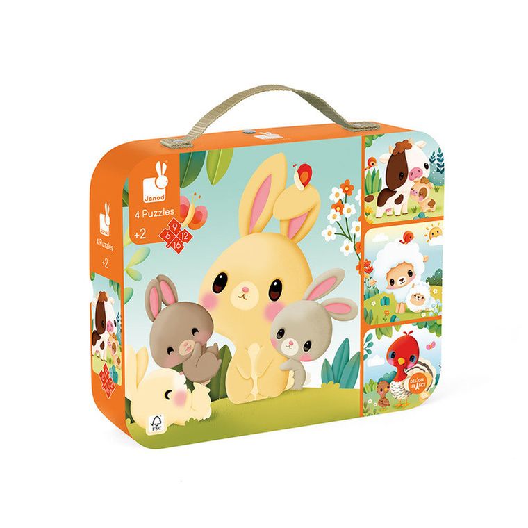 Janod, Zwierzątka na farmie, puzzle progresywne w walizce, 4 układanki