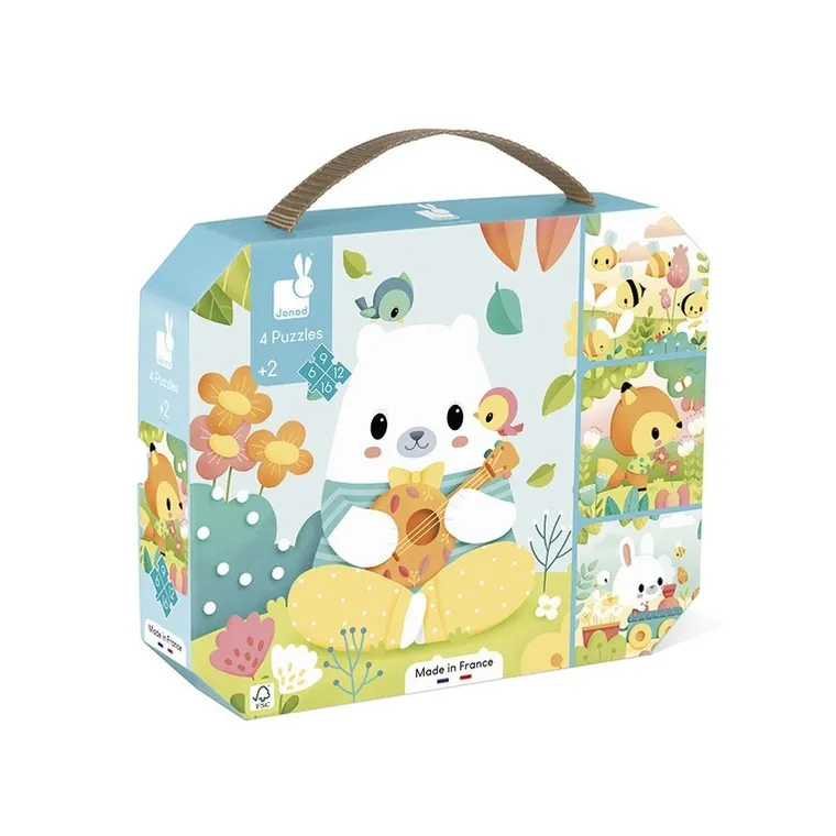 Janod, Zwierzątka Pure, puzzle progresywne w walizce, 4 układanki, 43 elementy