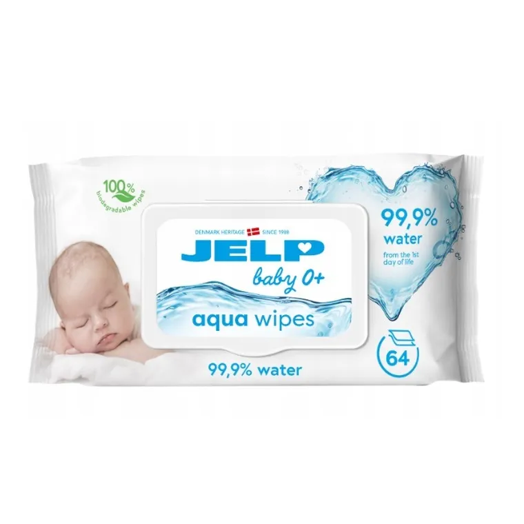 JELP, Aqua Wipes, chusteczki nawilżane 99.9% wod,y 64 szt.