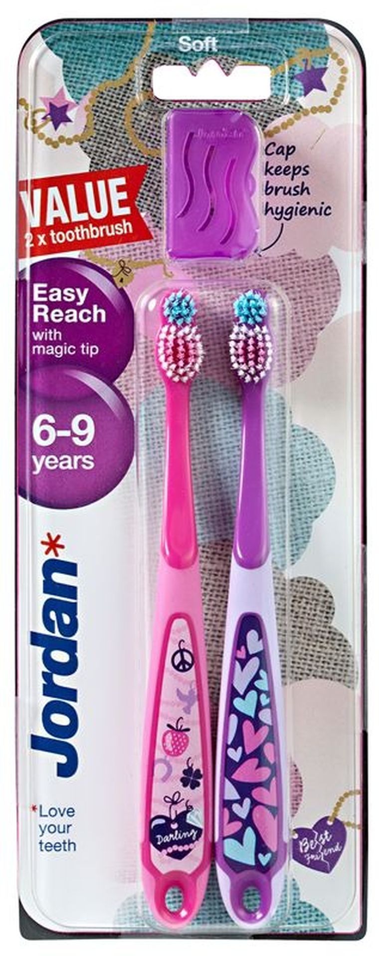 Jordan, DUO Easy Reach, szczoteczka do zębów dla dzieci 6-9 lat, miękka, 2 szt.