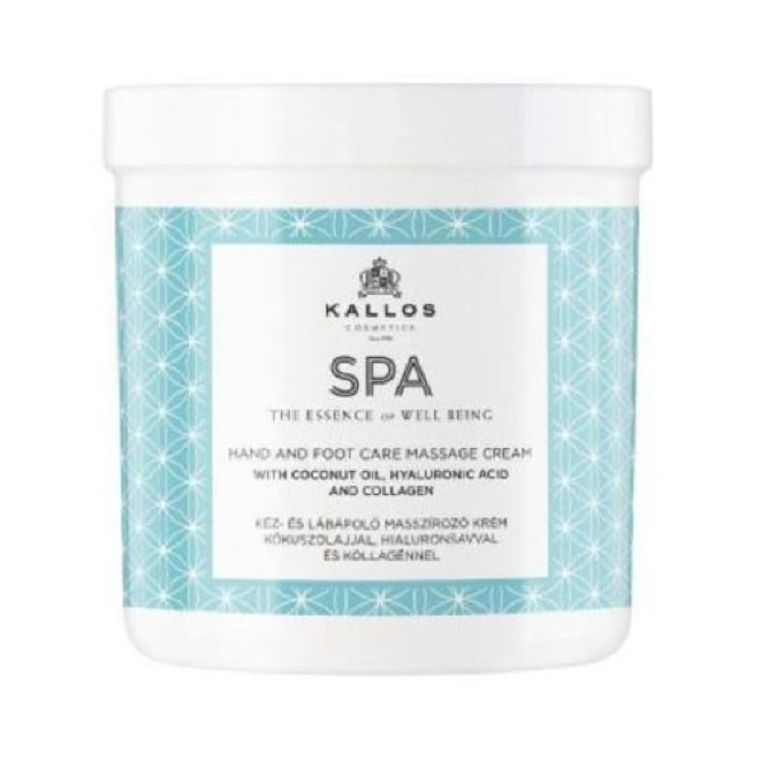 Kallos, Spa, Hand and Foot Care Massage Cream, krem do masażu rąk i stóp, Coconut Oil Hyaluronic Acid & Collagen, 500 ml