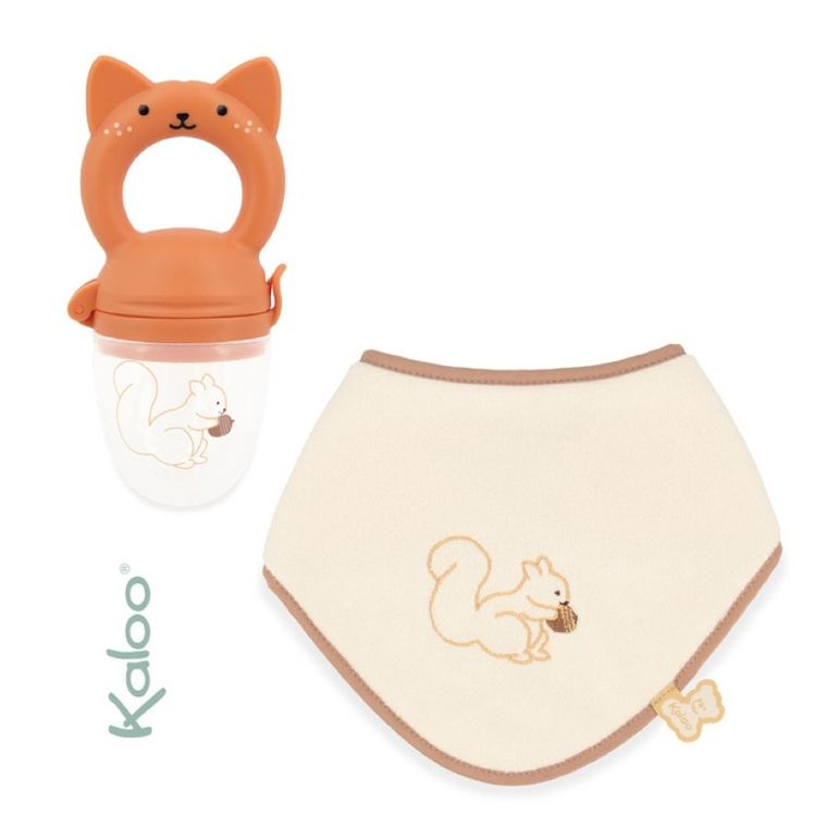 Kaloo, Grignoti, Wiewiórka, zestaw prezentowy 2w1, gryzak, smoczek do owoców + śliniak