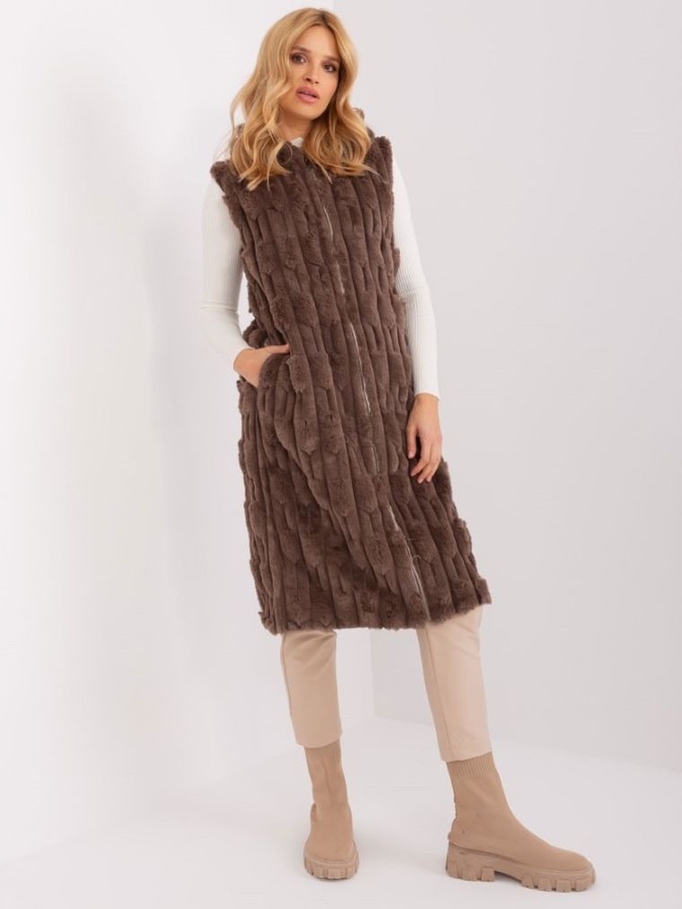 Kamizelka damska z kapturem, brązowa, Italy Moda