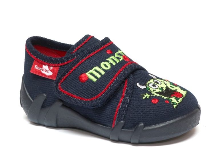 Kapcie chłopięce, granatowe, skórzana wkładka, RenBut