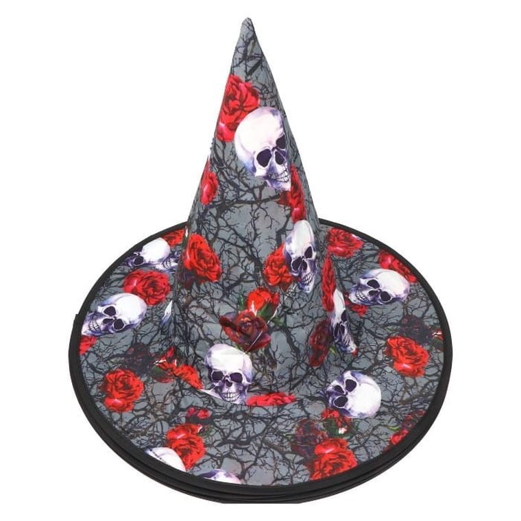 Kapelusz czarownicy, w czaszki i róże
