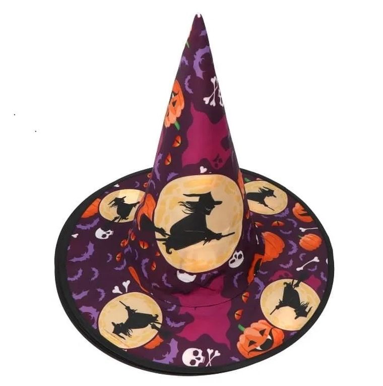 Kapelusz czarownicy z wiedźmą i dyniami, fioletowy
