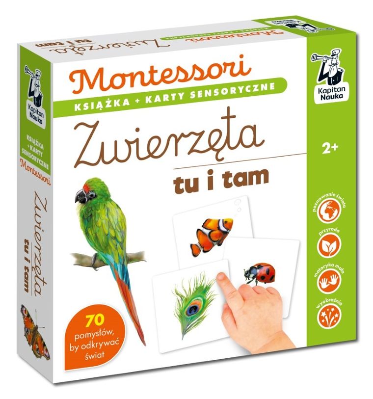 Kapitan Nauka. Montessori. Zwierzęta tu i tam. Karty sensoryczne z książeczką