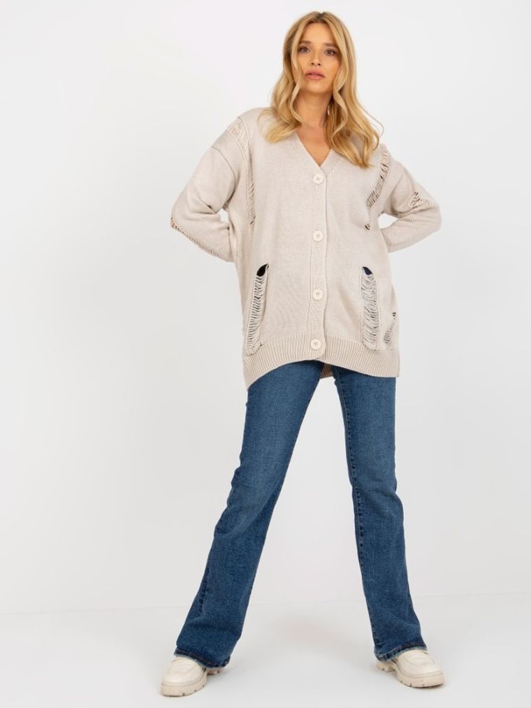 Kardigan damski z wełną, oversize, beżowy, Rue Paris