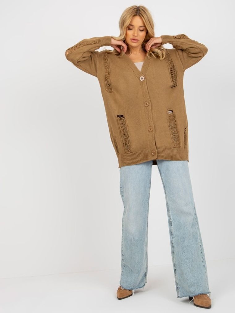 Kardigan damski z wełną, oversize, beżowy, Rue Paris