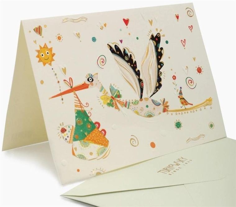 Karnet B6 + koperta, narodziny, bocian