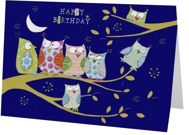 Karnet B6 + koperta, urodziny, sowy na drzewie
