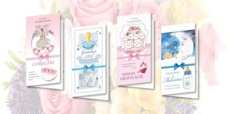 Karnet de lux, złocony, narodziny, 10 szt.