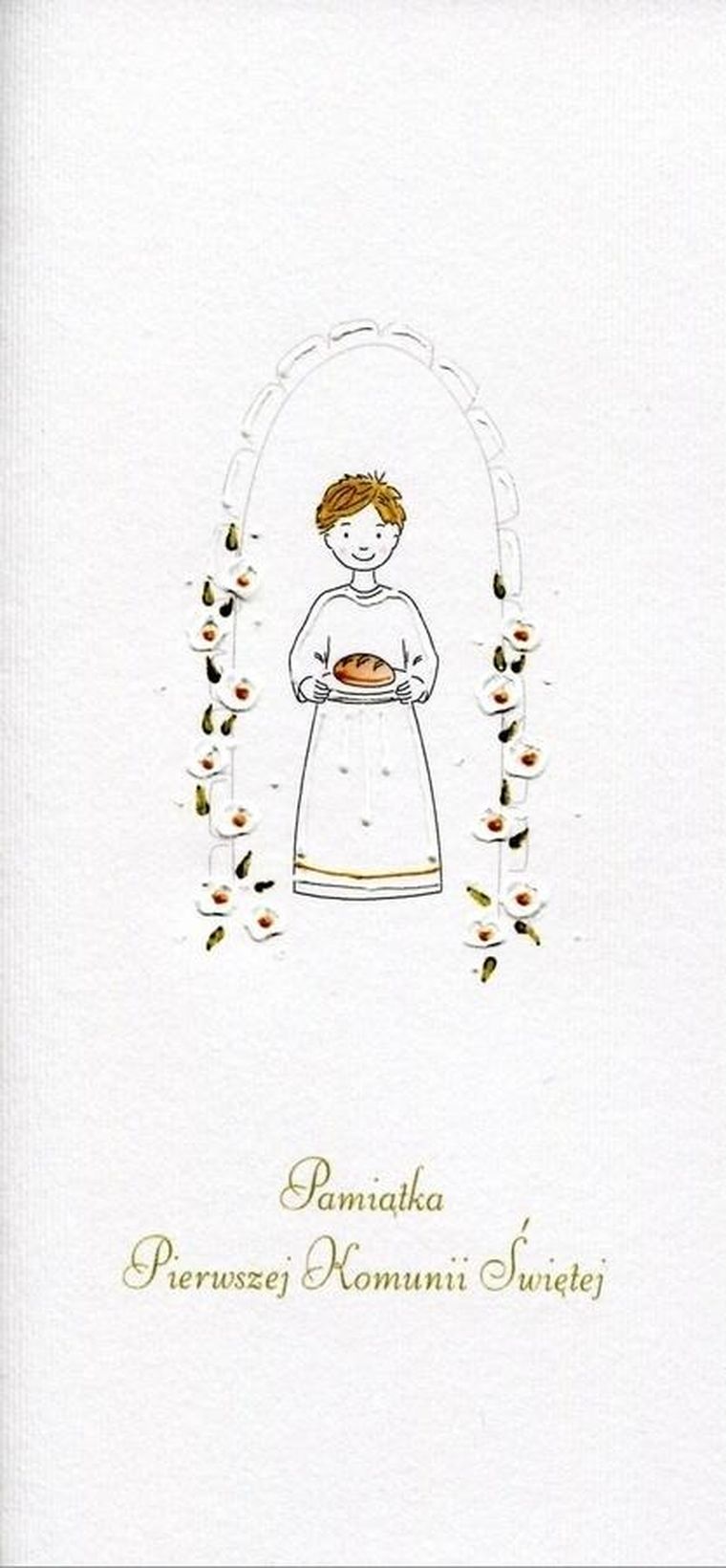 Karnet Komunia, chłopiec, chleb