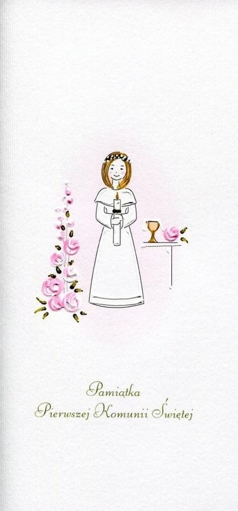 Karnet, komunia, dziewczynka, kwiaty