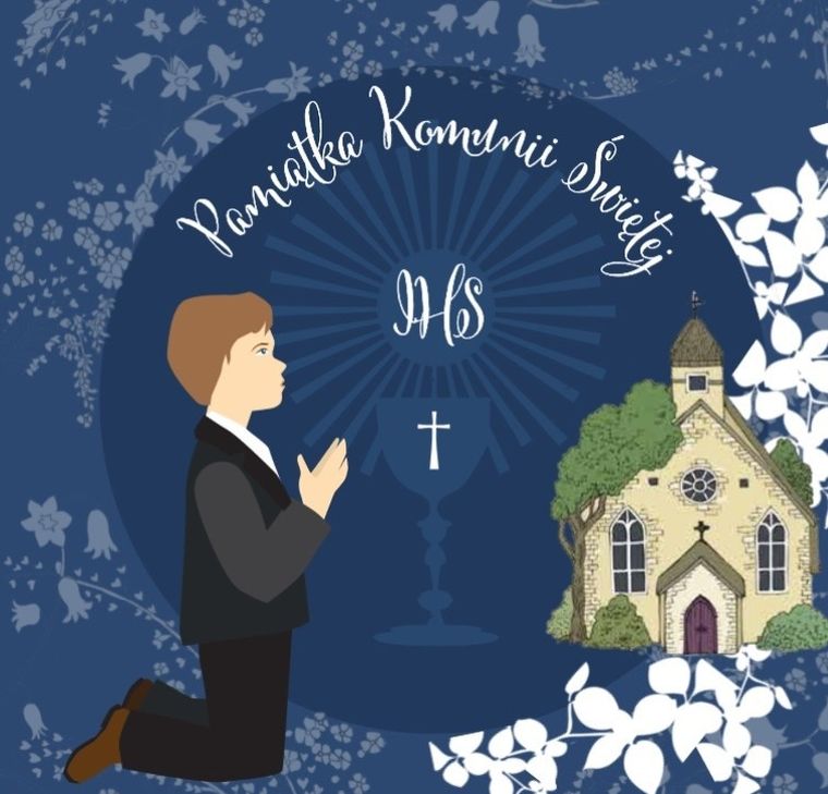 Karnet okolicznościowy, z kryształkiem Swarovskiego, Komunia Chłopiec, kwadratowy