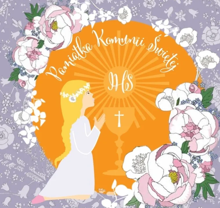 Karnet okolicznościowy, z kryształkiem Swarovskiego, Komunia Dziewczynka, kwadratowy