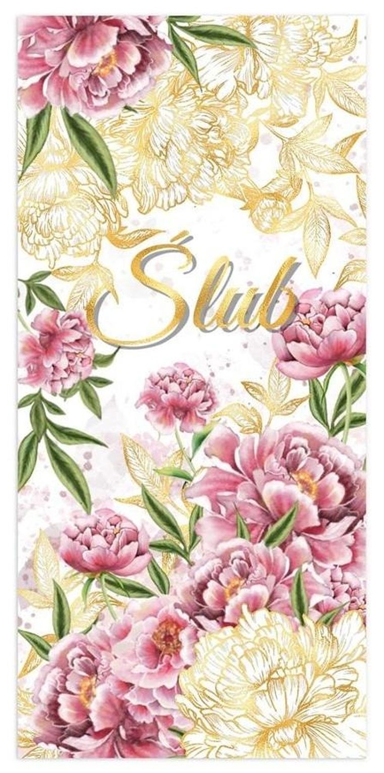 Karnet pamiątka ślub, złote piwonie