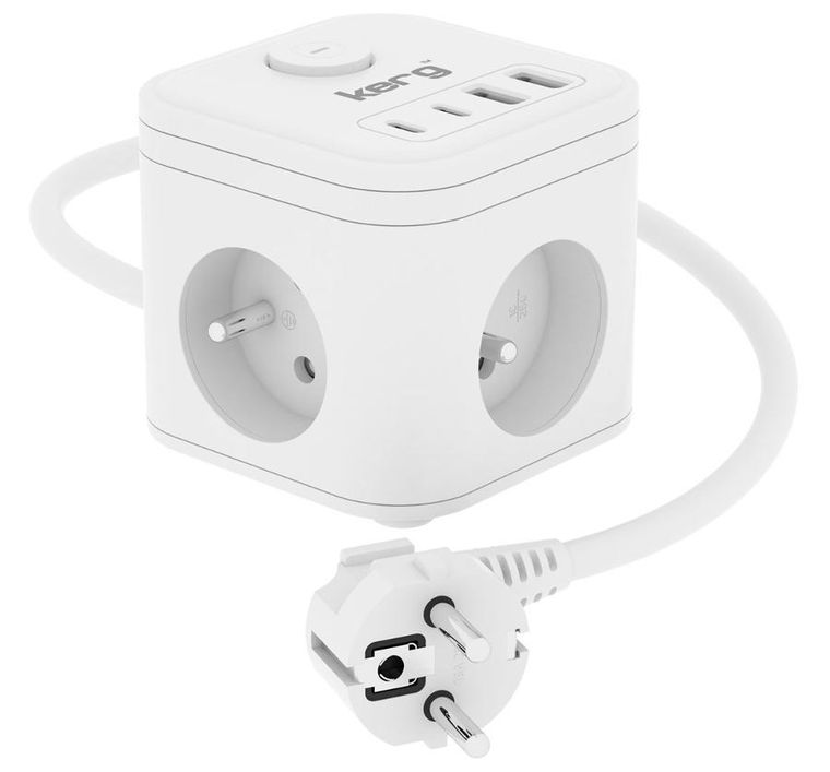 Kerg, Smart, kostka zasilająca, 3 gniazdowa, ładowarka USB-A,C, 16A/250V, 1,5m H05VV-F