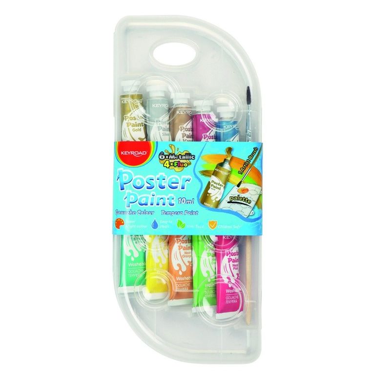 Keyroad, farby plakatowe, 10x 10 ml, mix kolorów metalicznych i neonowych
