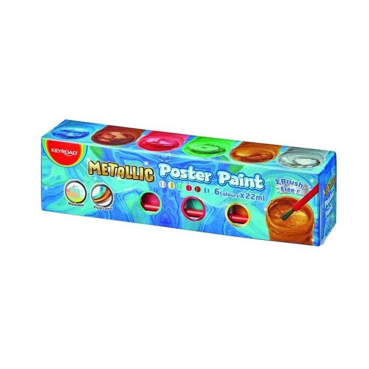 Keyroad, farby plakatowe z pędzlem, metaliczne, 22 ml, 6 kolorów