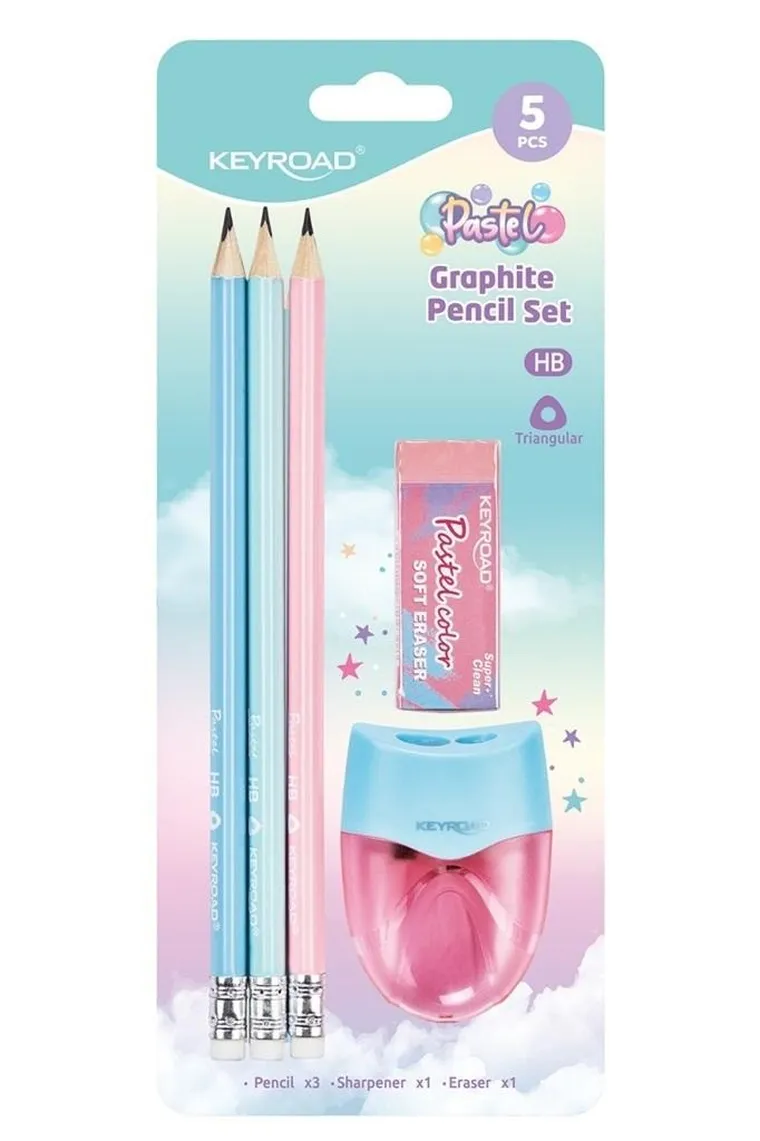 Keyroad, zestaw ołówków z temperówką i gumką, pastel, 5 elementów