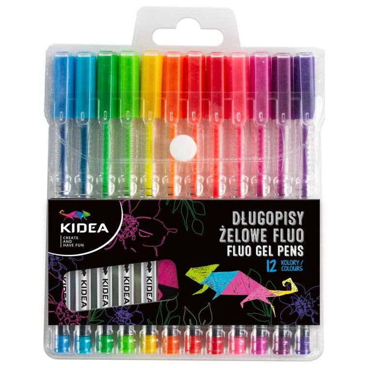 Kidea, długopisy żelowe, fluo, 12 kolorów