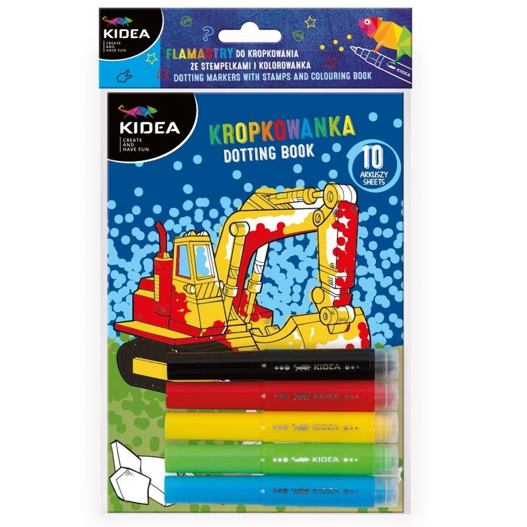 Kidea, flamastry do malowania kropkami ze stempelkami + kolorowanka pojazdy