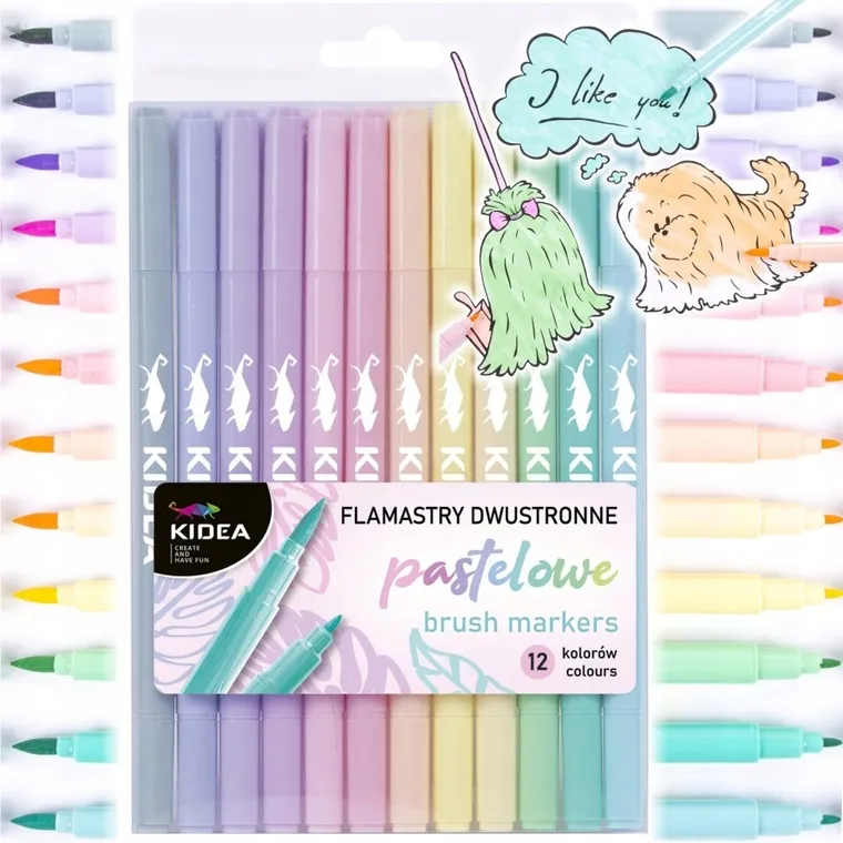 Kidea, flamastry dwustronne pastelowe b brush, 12 kolorów
