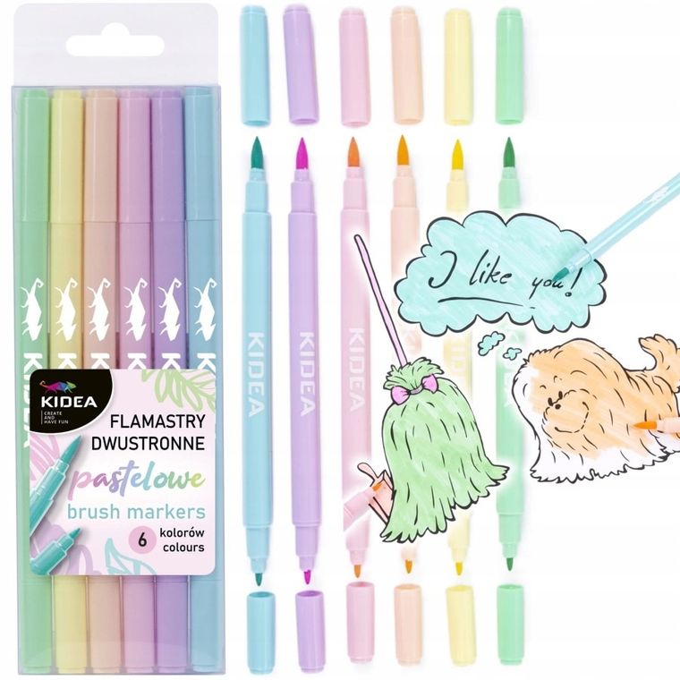 Kidea, flamastry dwustronne pastelowe b brush, 6 kolorów