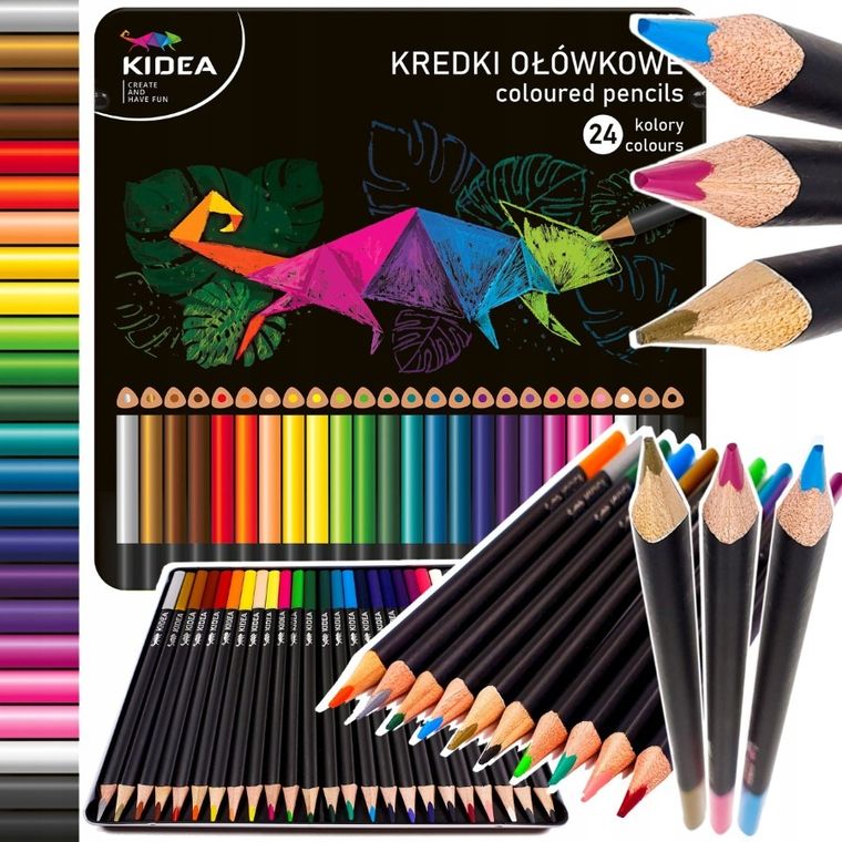 Kidea, kredki ołówkowe trójkątne w metalowym pudełku, 24 kolory