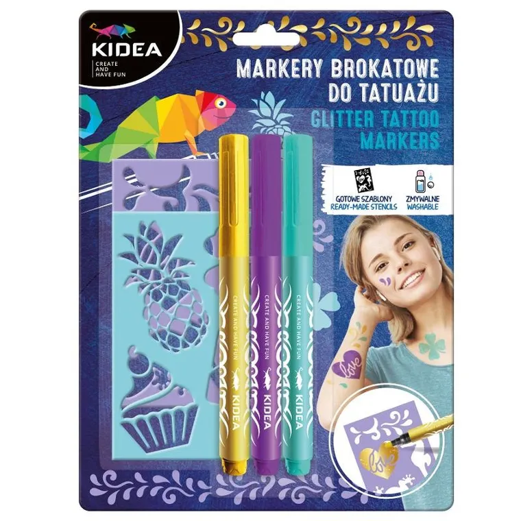Kidea, markery brokatowe do tatuażu z szablonami, 3 kolory