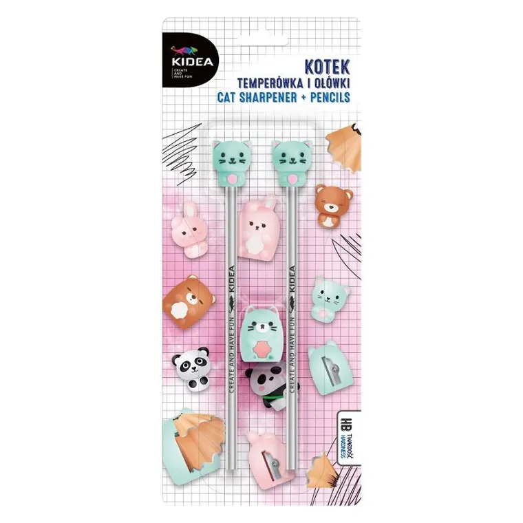Kidea, ołówki HB z temperówką i figurką, kotek, 2 szt.