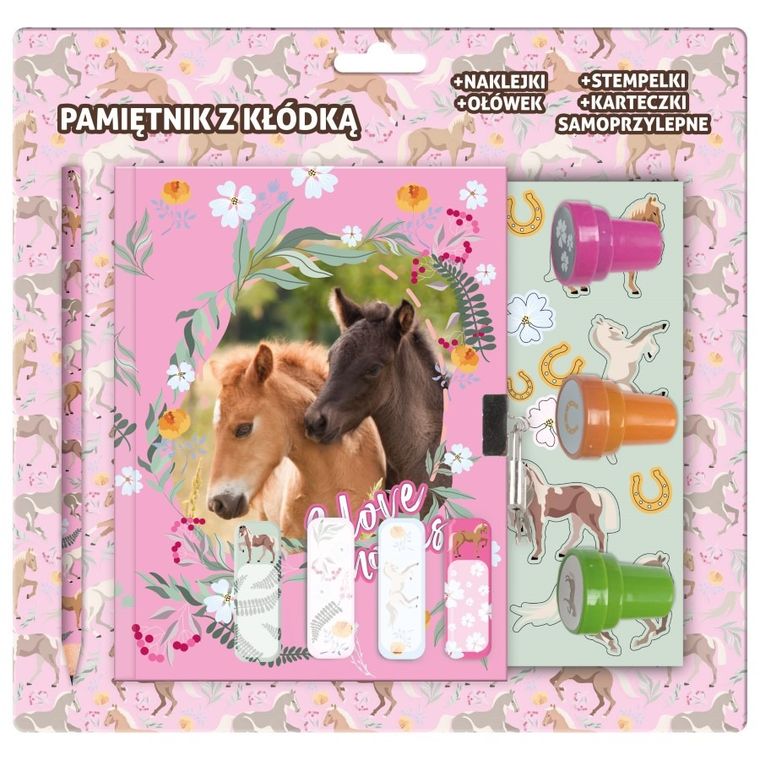 Kidea, pamiętnik z kłódką i stempelkami + zestaw przyborów, konie