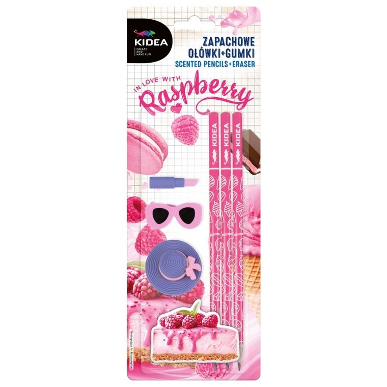 Kidea, zapachowe ołówki + gumki do ścierania, malinowy sernik