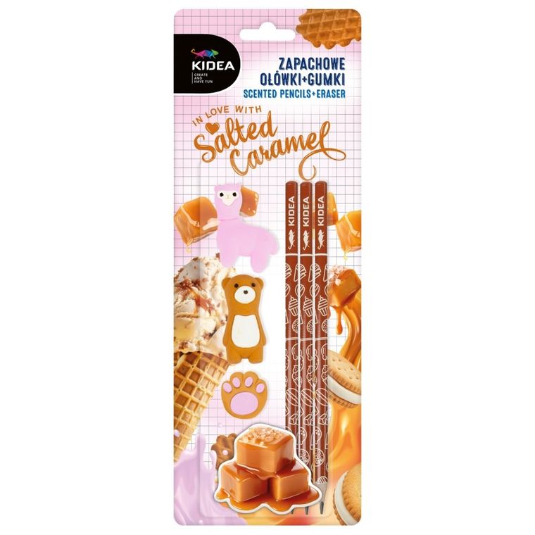 Kidea, zapachowe ołówki + gumki do ścierania, słony karmel