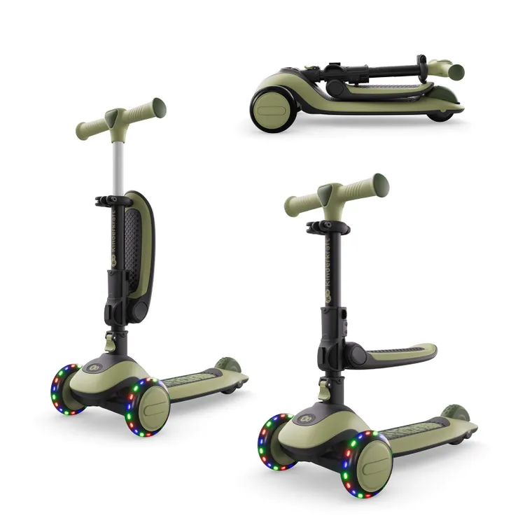 Kinderkraft, Halley 2, hulajnoga 3-kołowa, balansowa 2w1, LED, Grassland Green