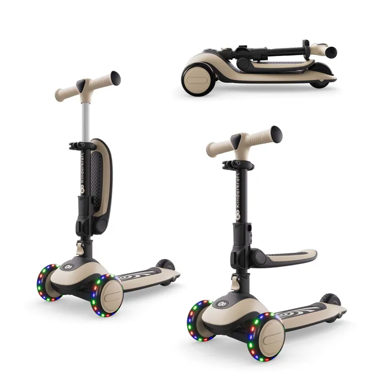 Kinderkraft, Halley 2, hulajnoga 3-kołowa, balansowa 2w1, LED, Stone White