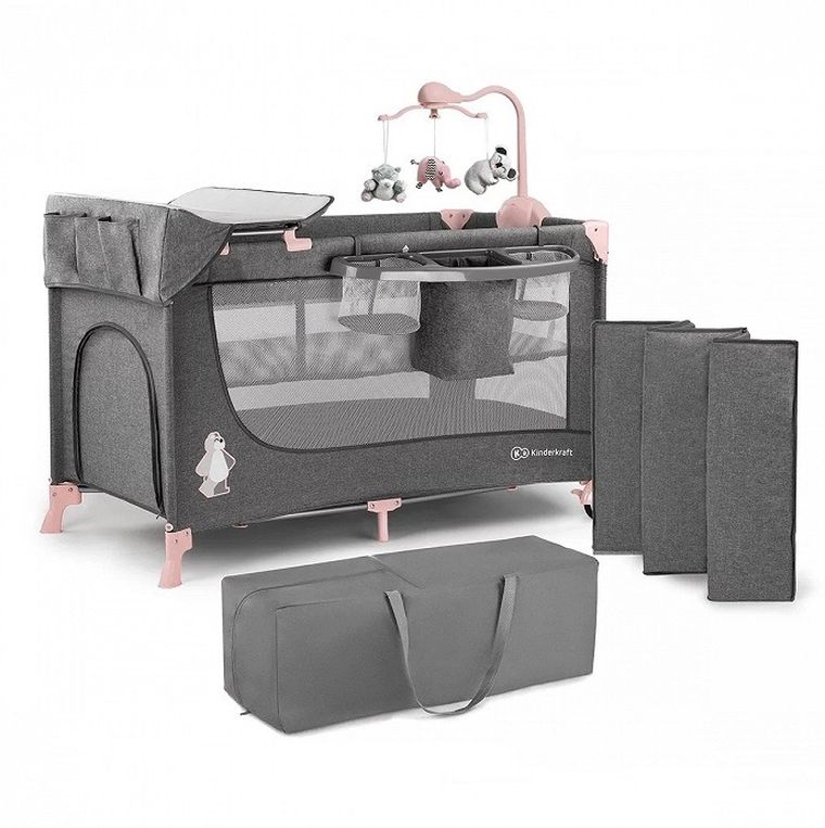 Kinderkraft, Joy, łóżeczko turystyczne z akcesoriami, szaro-różowe