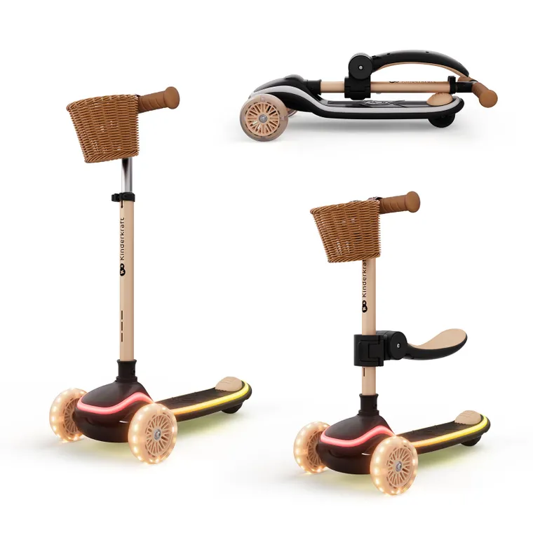 Kinderkraft, RAKET UP, hulajnoga 3-kołowa LED, 2w1, Beige