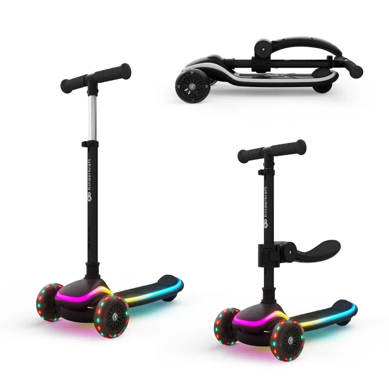 Kinderkraft, RAKET UP, hulajnoga 3-kołowa LED, 2w1, Black