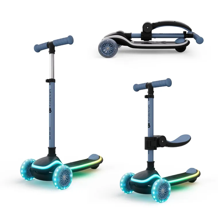 Kinderkraft, RAKET UP, hulajnoga 3-kołowa LED, 2w1, Blue