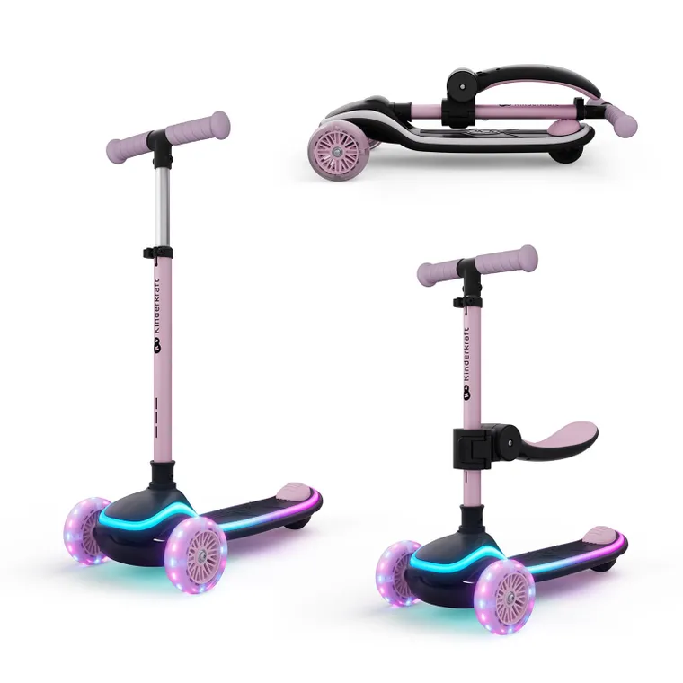 Kinderkraft, RAKET UP, hulajnoga 3-kołowa LED, 2w1, Pink