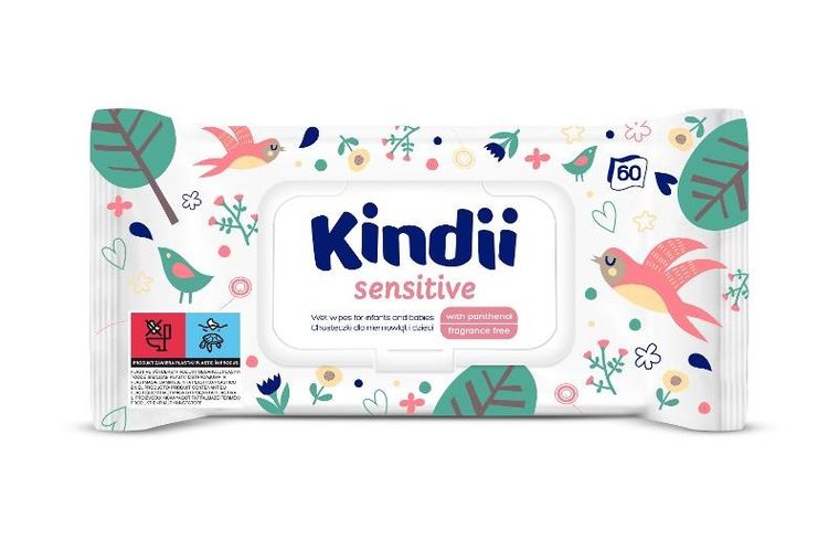 Kindii, Sensitive, chusteczki oczyszczające dla niemowląt i dzieci, 60 szt.