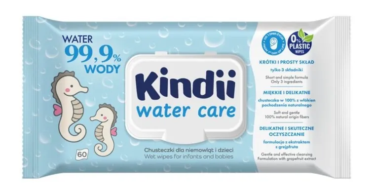 Kindii, Water Care 99,9%, chusteczki nawilżane, 60 szt.