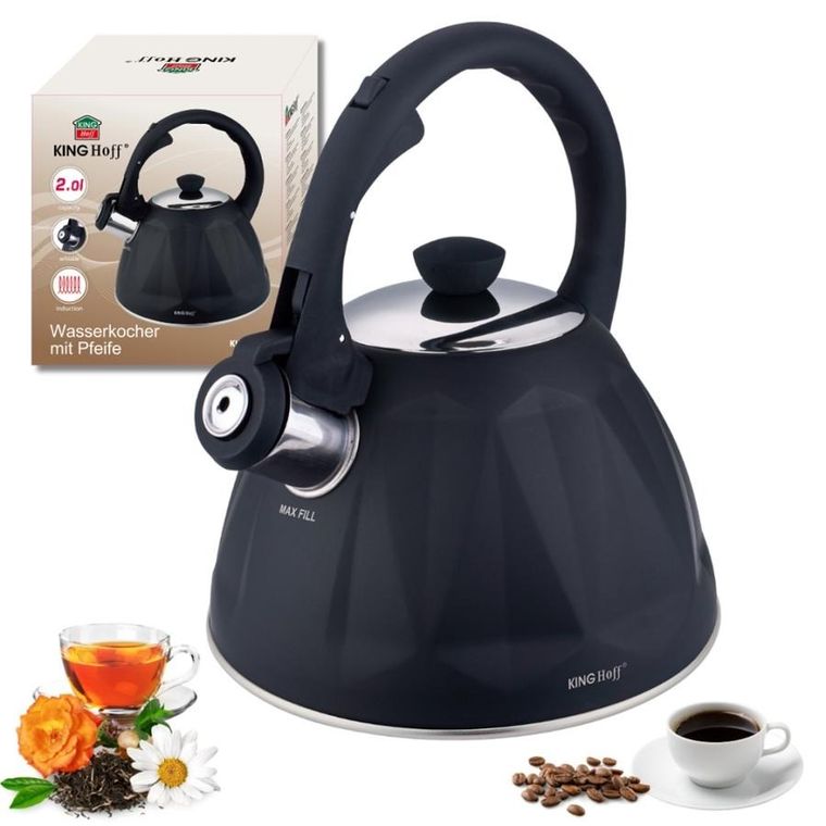 Kinghoff, czajnik z gwizdkiem, czarny mat, 2l, kh-1997